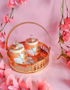 Orange Material: Metal Pichwai Printed Gift Hamper Basket with Jar