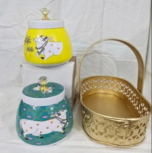 Pichwai Container Jar Box Meenakari Design Return Gift Set with Metal Oval Basket