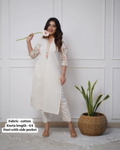 White Embroidery Thread Work Cotton Kurta Set