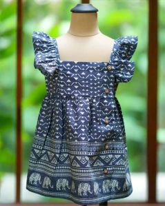 Cotton Elephant Print Girls Denim Safari Ruffle Frock