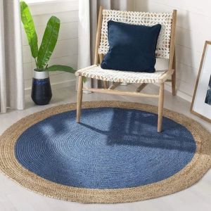 Plain Round Handmade Blue Jute Rug For Use On The Floor