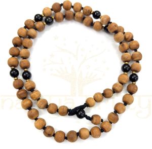 8mm Tulsi Wood 54 Smooth Beads with Black Onyx & Brass Neck-Bead Mala/necklace