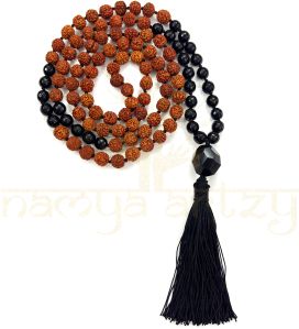 Handmade, Natural 8mm Faceted Black Onyx & Mix Faces Rudraksha Beads Necklace 108 Hand-Knotted Mala