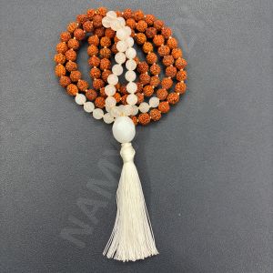 Handmade, Natural 8mm Moonstone & Mix Faces Rudraksha Beads Necklace 108 Hand-Knotted Mala