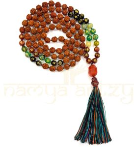 Handmade, Natural 8mm Om Mani Padme Hum & Mix Faces Rudraksha Beads Necklace 108 Hand-Knotted Mala