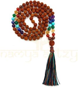 Handmade, Natural 8mm Seven Chakra &AMP;AMP; Mix Faces Rudraksha Beads Necklace 108 Hand-Knotted Mala