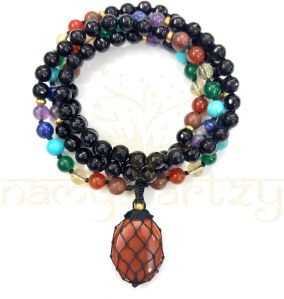 Mix of Black Onyx, Carnelian & 7 Chakra Gemstones 108 Beads Mala/necklace