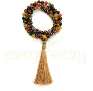 Handmade, Om Mani Padme Hum Stone Mala Beads 108 Knotted Tassel Japa Mala Necklace