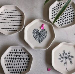 Ceramic Hexagon Shaped Hand-Painted Dessert | Snack Plate | Set of 4