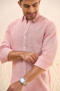 Coral Houndstooth 100% Linen Men Shirt