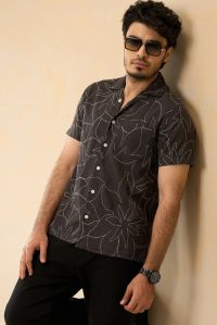 Linen Viscose Cuban Collar Brown Embroidery Mens Shirt All Size