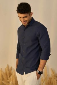 Heather Dark Blue Cotton Shirt  For Men