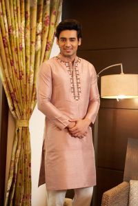 Onion Pink Raw Silk Mens Kurta Set With Embroidery