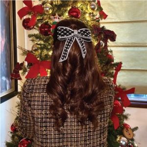 Black Embellished Velvet Women Hair Bow Barrette Clip