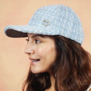Blue & White Tweed Women Baseball Cap With Heart Charm