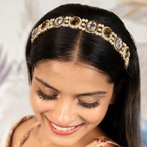Champagne Gold Plated Hair Band For Women With Pearls And Crystals