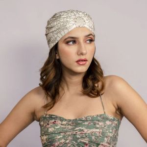 Golden Crystals Off  White Women Turban