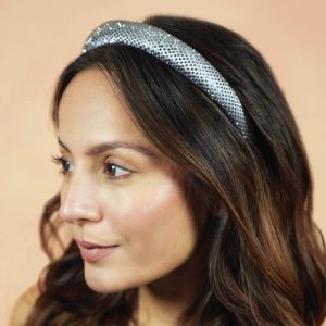 Grey Silk Satin Puff Women Hair Band With Rhinestones