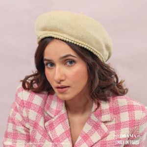 HDC X Emily In Paris Women Off-White Beret Cap With Pearl Embellishment