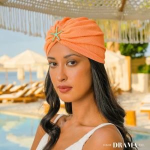 Neon Orange Ribbed Women Turban With Starfish Metal Broach