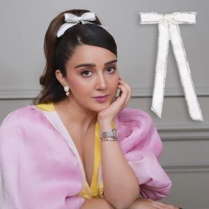 Off-White Satin Ribbon Crystal Women Hair Bow