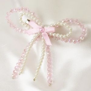 Pink & White Embellished Crystal & Pearl Women Hair Bow