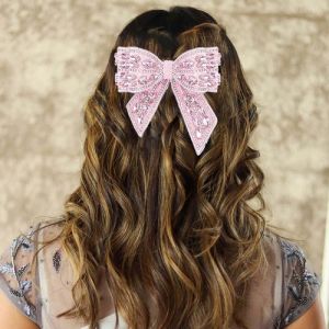 Pink Embellished Crystal Women Hair Bow Barrette Clip