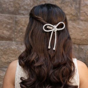 Silver Crystal Women Hair Bow Barrette Clip