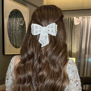 Silver Embellished Crystal Hair Bow Barrette Clip For Women