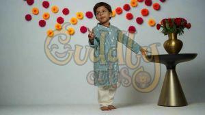 Printed Boys Cloudy Grey Pleats Kurta Set Daily Wear