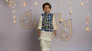 Animal Print Cotton Boys Royal Blue Safari Sleeveless Jacket