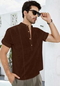 Plain Cotton Mens Brown Mandarin Collar Shirt XL & XXL Casual Wear