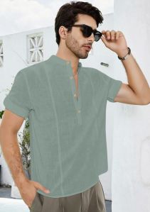 Plain Cotton Mens Light Green Mandarin Collar Shirt Casual Wear