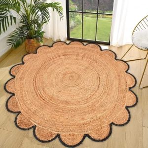 Round Jute Carpet Rug with Multi Color Border For Home, Living Room