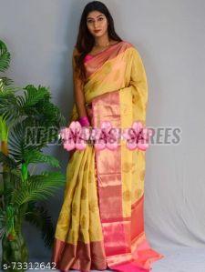 Printed Unstitched Double Shade Banarasi Silk Saree Party Wear