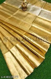 Printed Unstitched Party Wear Banarasi Silk Saree, Color : Golden