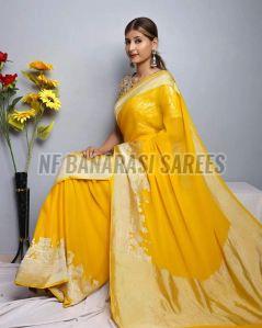 Printed Unstitched Yellow Banarasi Silk Saree Party Wear