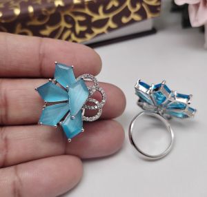 Ladies Brass Sky Blue Flower Crystal Finger Ring