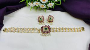 Ladies Party Wear Traditional White Pearl Brass Choker Set