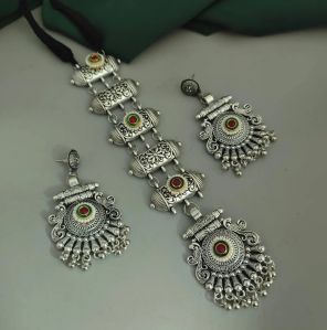 Handcrafted Ethnic Oxidised Tie Women Necklace Earrings Set