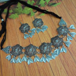 Oxidised Flower Choker Women Necklace Earring Set
