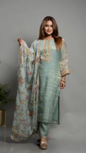 Women Blue Tissue Chanderi Kurta Set