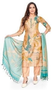 Beige Chanderi Floral Print Kurti Set For Women's