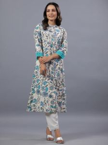 Blue Botanical A-Line Ladies Printed Kurti