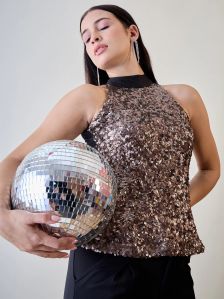 Women Sequined Brown Flashy Top