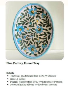 Blue Pottery Round Tray Ceramic - 10 Inches - Shade OF Blue