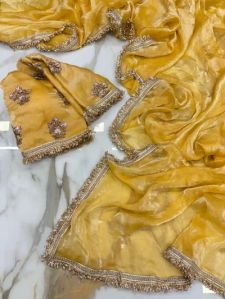 Bright Yellow Shimmery Tissue Saree
