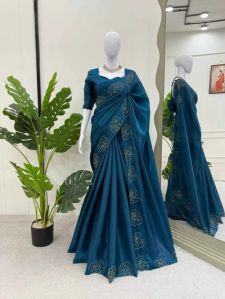 Emerald Blue Shimmery Tissue Silk Designer Saree