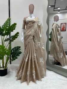Ivory Shimmery Tissue Silk Sequins Thread Work Buta Designer Saree