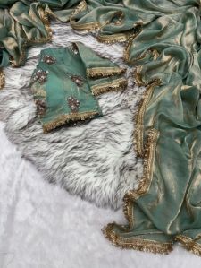 Sea Green Shimmery Tissue Saree WITH Pretty Lace Work
